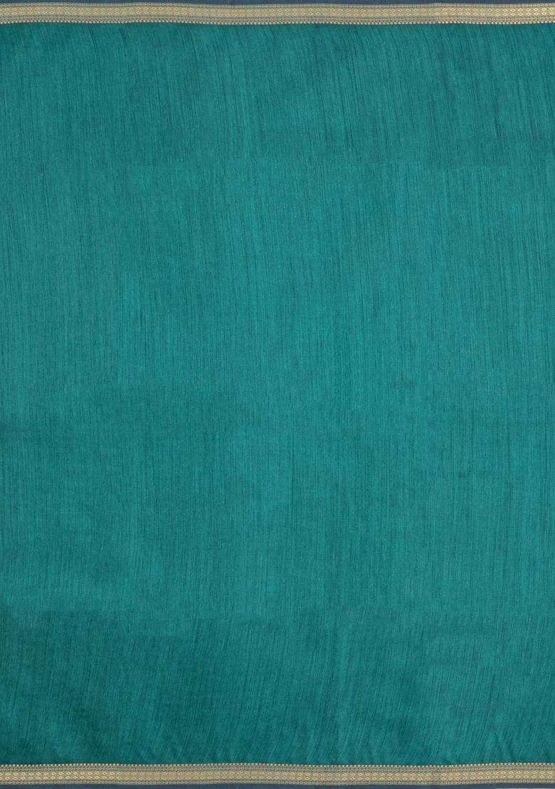 Cyan Woven Tussar Silk Saree With Thread Work Border With Traditional Woven Design For Women - Indya