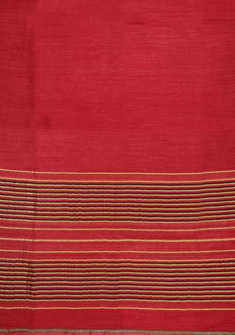 Red Woven Tussar Silk Saree With Thread Work Border With Traditional Woven Design For Women - Indya