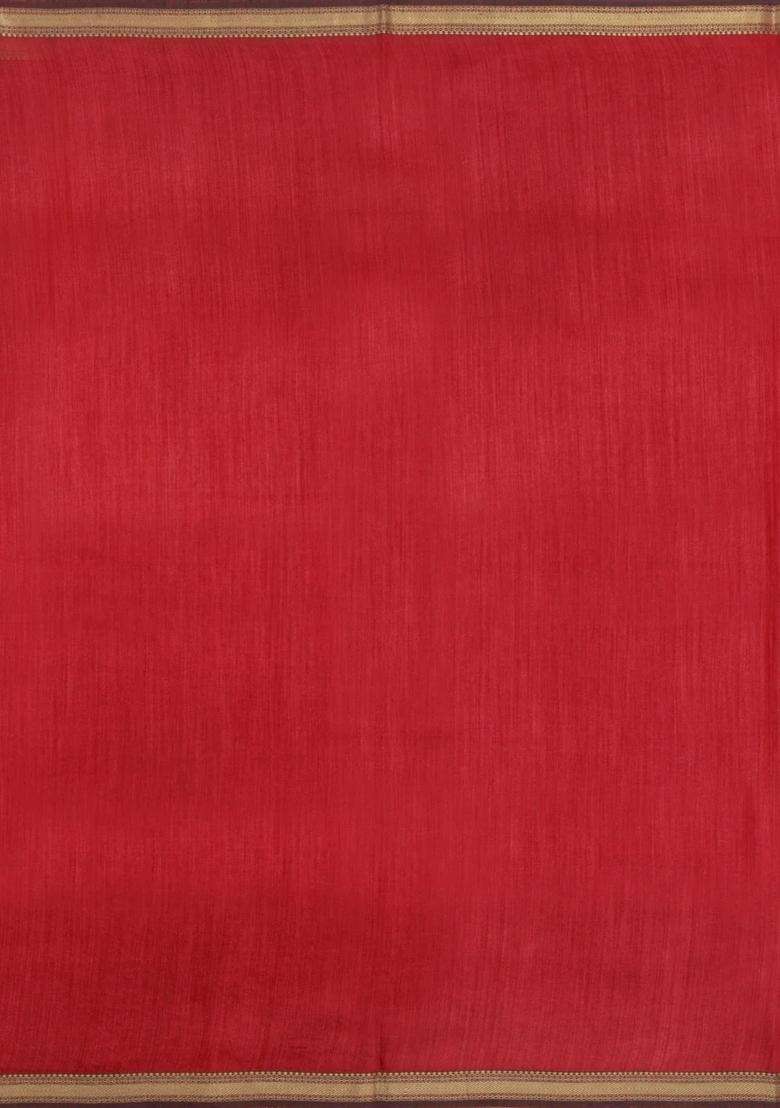 Red Woven Tussar Silk Saree With Thread Work Border With Traditional Woven Design For Women - Indya