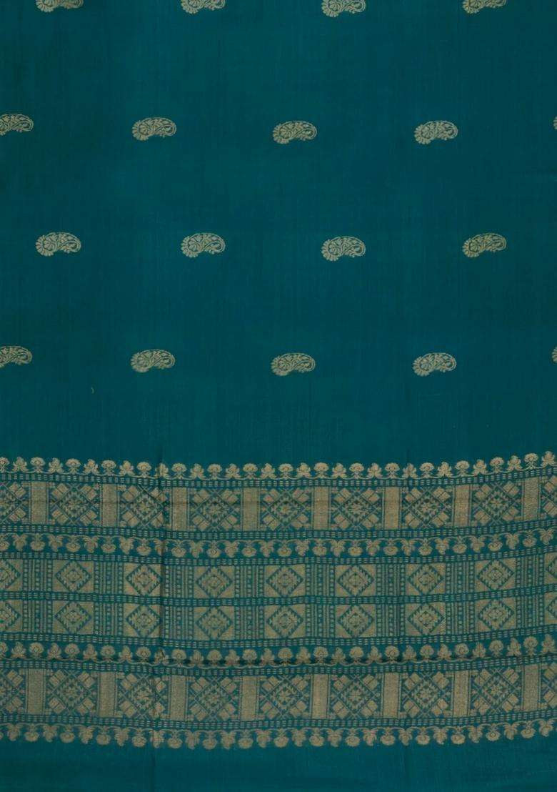 Teal Woven Tussar Silk Saree With Mango Motifs Zari Border With Buttas And Brocade Design For Women - Indya
