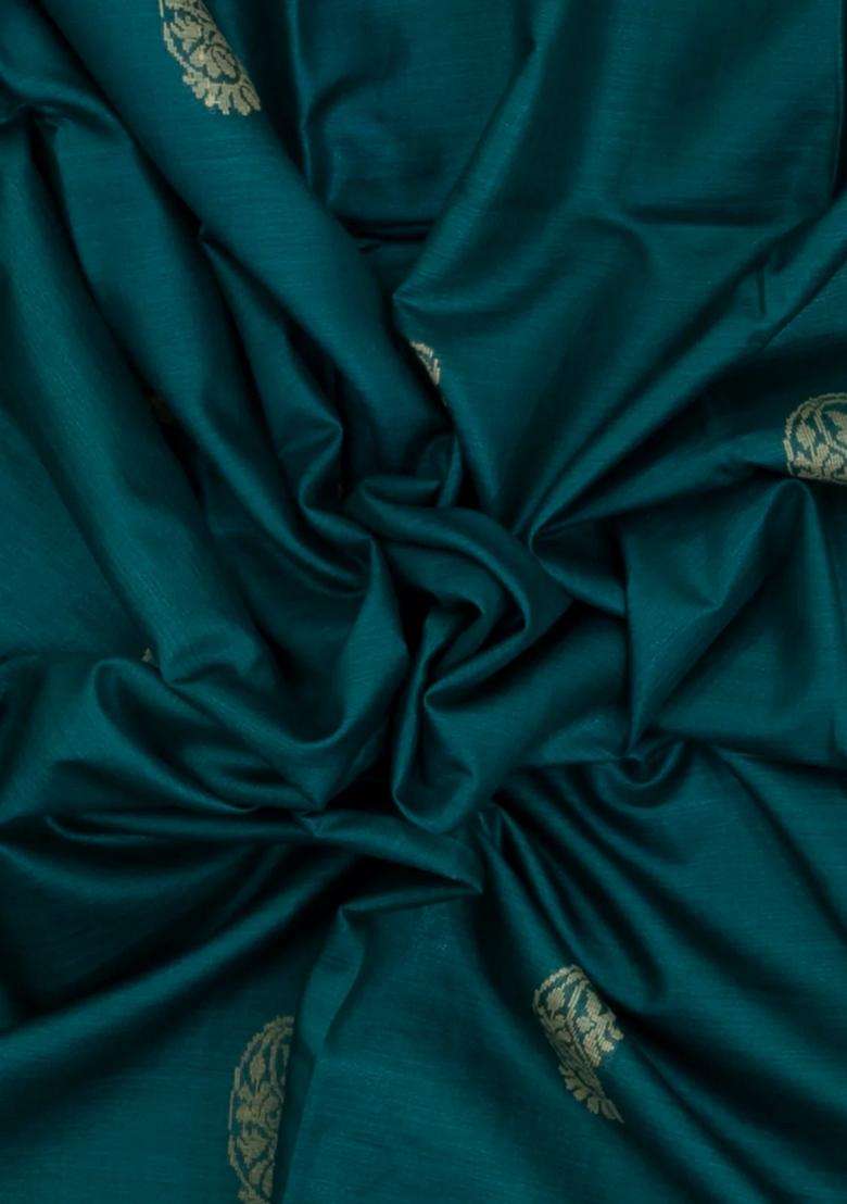 Teal Woven Tussar Silk Saree With Mango Motifs Zari Border With Buttas And Brocade Design For Women - Indya
