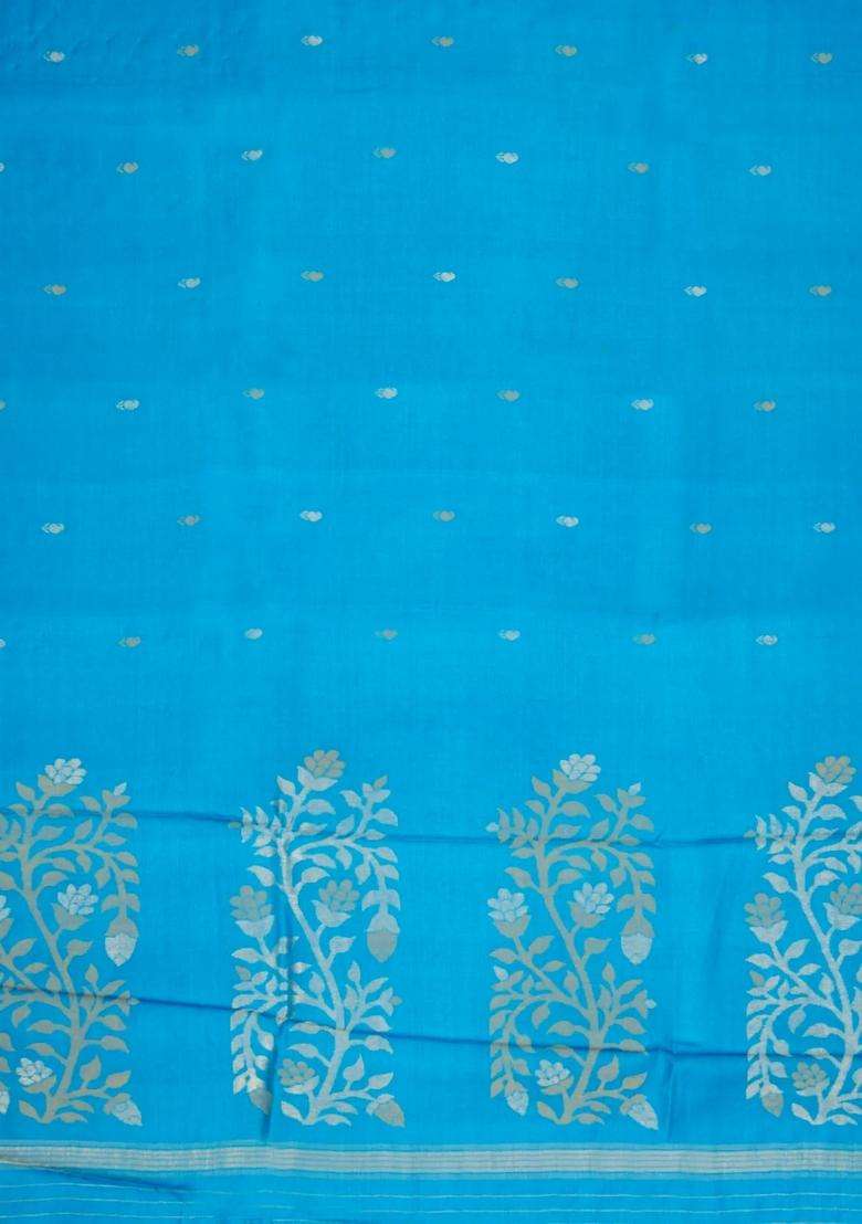 Turquoise Turuqoise Woven Tussar Silk Saree With Mango Motifs Zari Border With Buttas And Brocade Design For Women - Indya