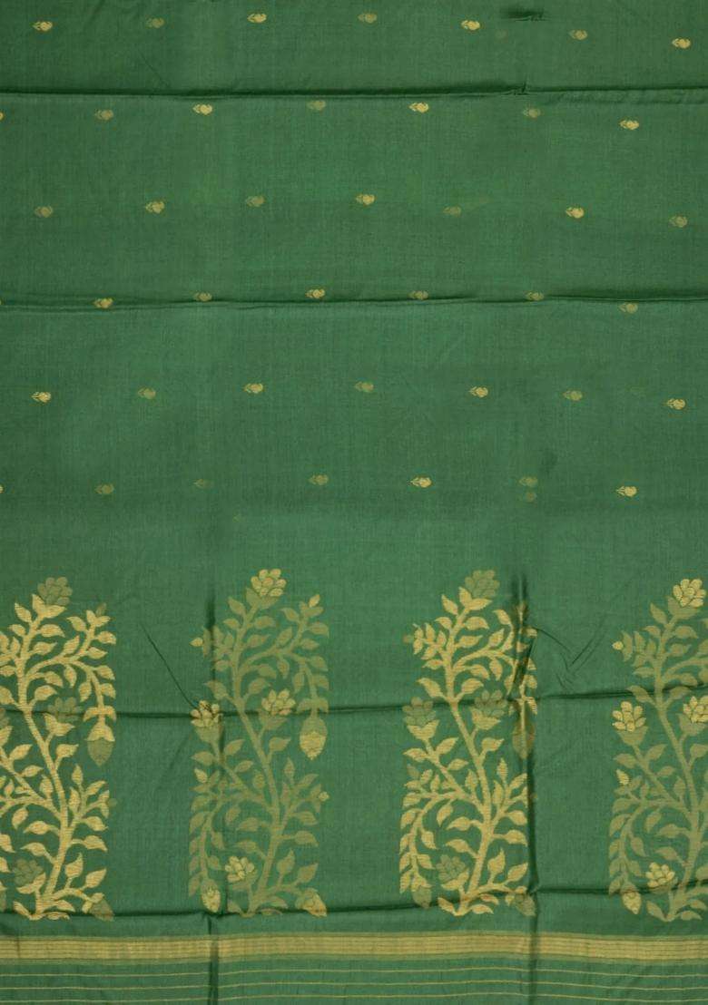 Green Woven Tussar Silk Saree With Mango Motifs Zari Border With Buttas And Brocade Design For Women - Indya