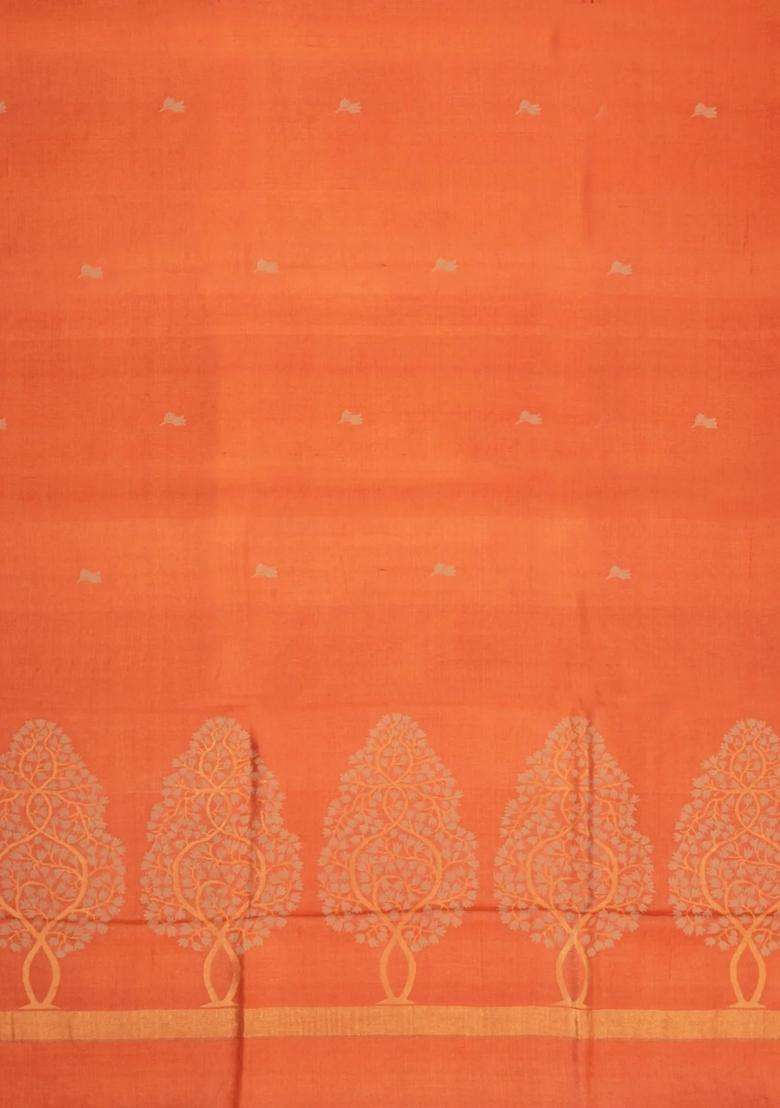 Orange Woven Tussar Silk Saree With Floral Motifs Zari Border With Buttas And Brocade Design For Women - Indya