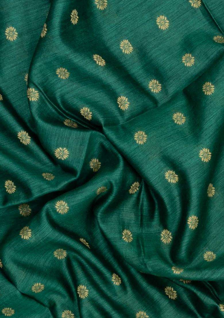 Sea Green Woven Tussar Silk Saree With Floral Motifs Contrast Border With Buttas And Brocade Design For Women - Indya