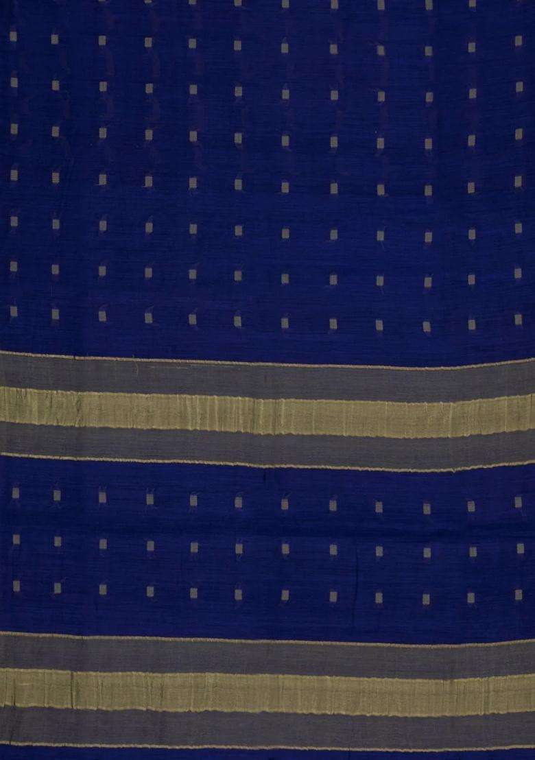 Dark Blue Woven Tussar Silk Saree With Floral Motifs Contrast Border With Buttas And Brocade Design For Women - Indya