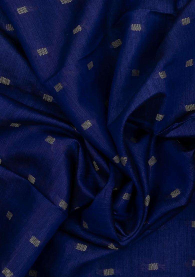 Dark Blue Woven Tussar Silk Saree With Floral Motifs Contrast Border With Buttas And Brocade Design For Women - Indya