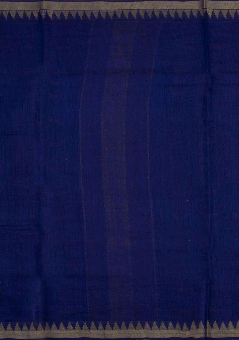 Dark Blue Woven Tussar Silk Saree With Floral Motifs Contrast Border With Buttas And Brocade Design For Women - Indya