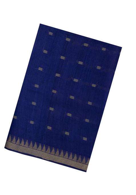 Dark Blue Woven Tussar Silk Saree With Floral Motifs Contrast Border With Buttas And Brocade Design For Women
