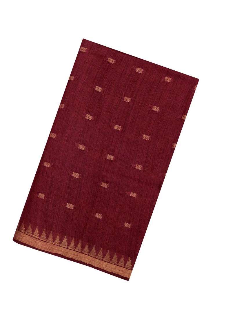 Crimson Woven Tussar Silk Saree With Floral Motifs Contrast Border With Buttas And Brocade Design For Women - Indya