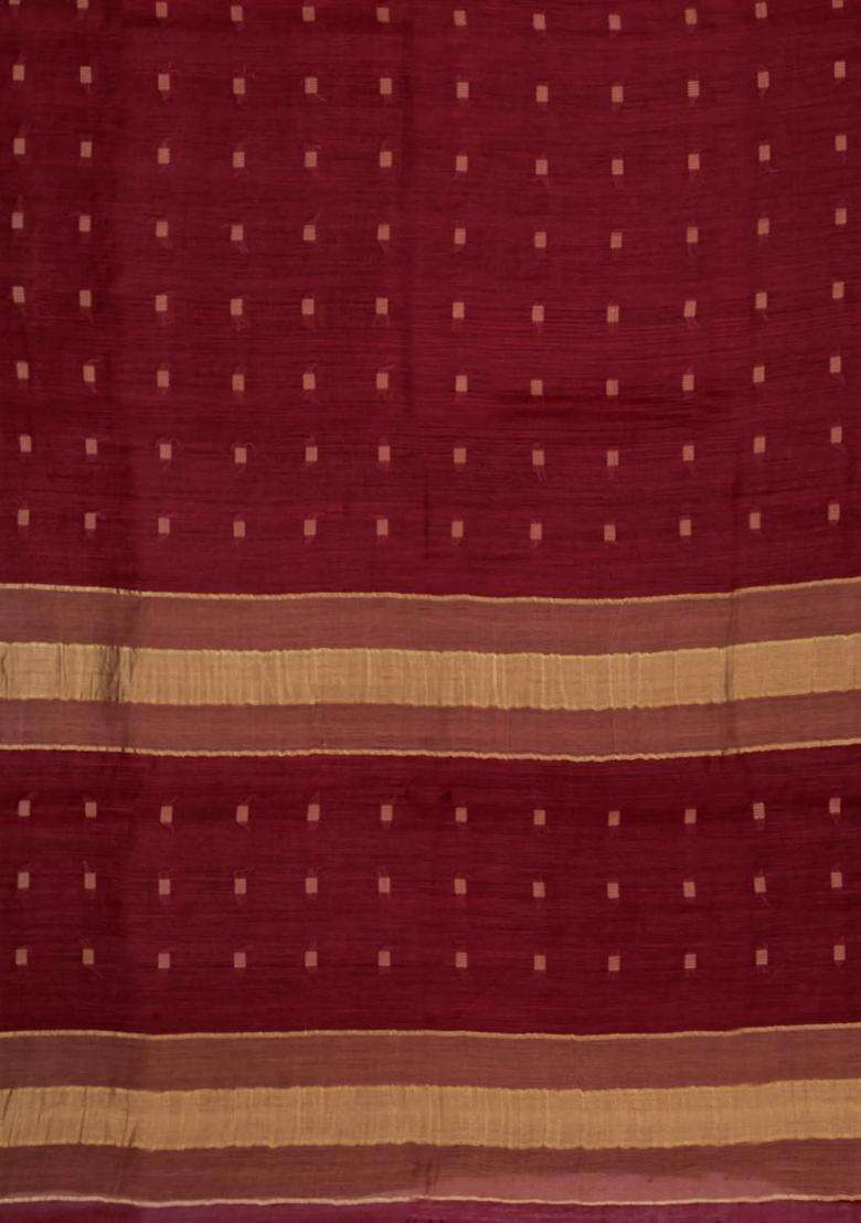 Crimson Woven Tussar Silk Saree With Floral Motifs Contrast Border With Buttas And Brocade Design For Women - Indya