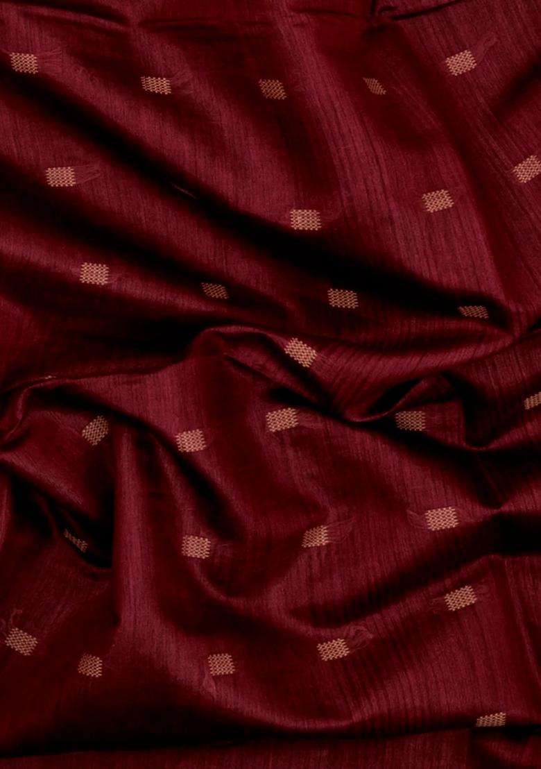 Crimson Woven Tussar Silk Saree With Floral Motifs Contrast Border With Buttas And Brocade Design For Women - Indya