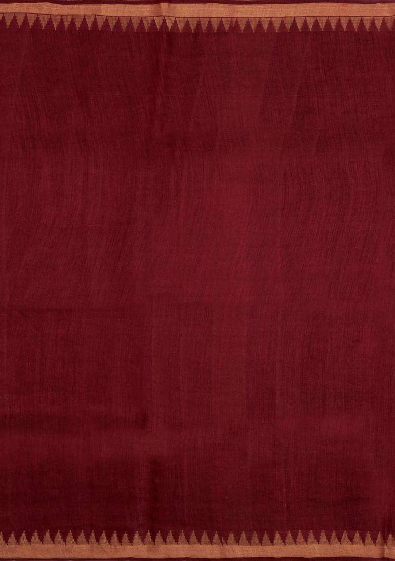 Crimson Woven Tussar Silk Saree With Floral Motifs Contrast Border With Buttas And Brocade Design For Women - Indya