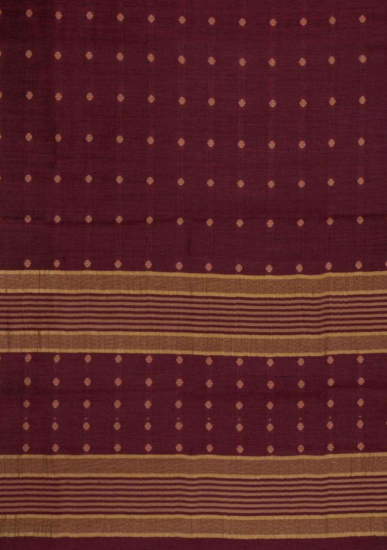 Dark Maroon Woven Tussar Silk Saree With Floral Motifs Zari Border With Buttas And Brocade Design For Women - Indya