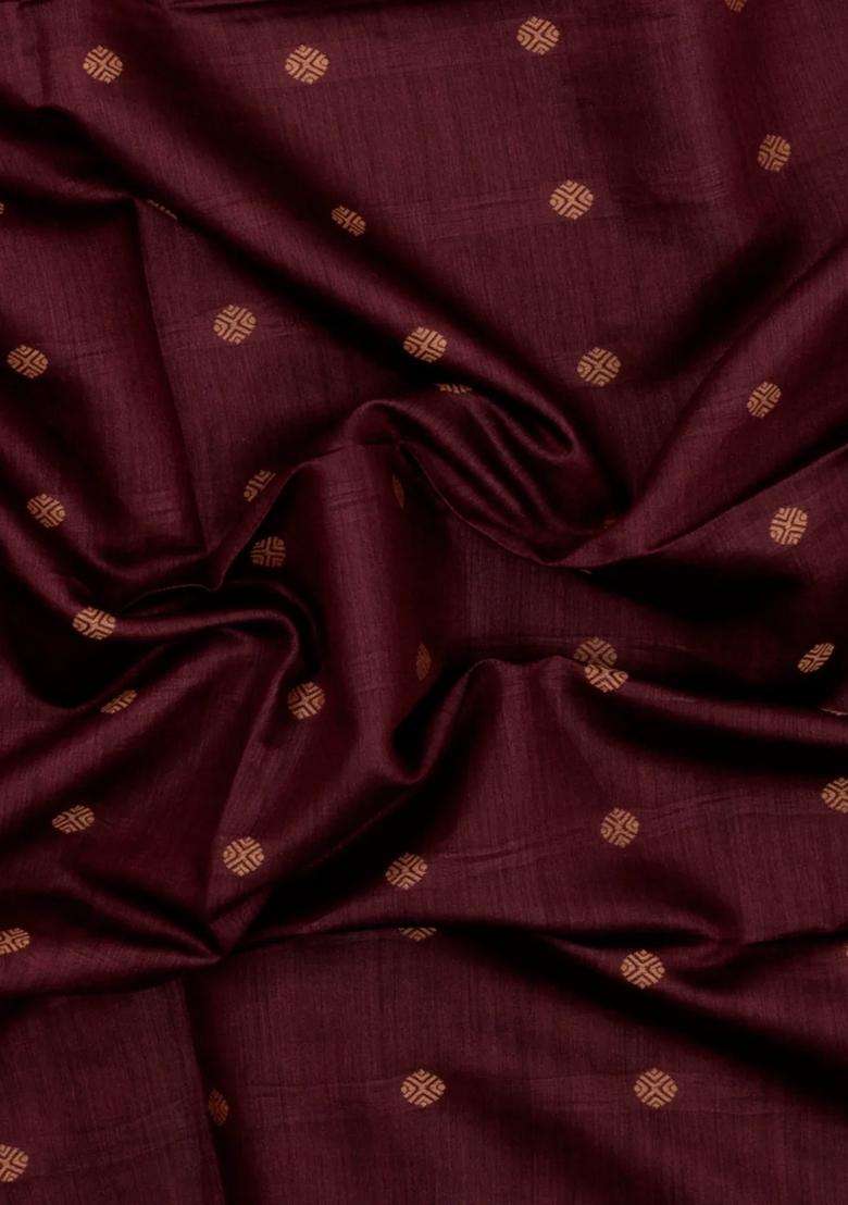 Dark Maroon Woven Tussar Silk Saree With Floral Motifs Zari Border With Buttas And Brocade Design For Women - Indya