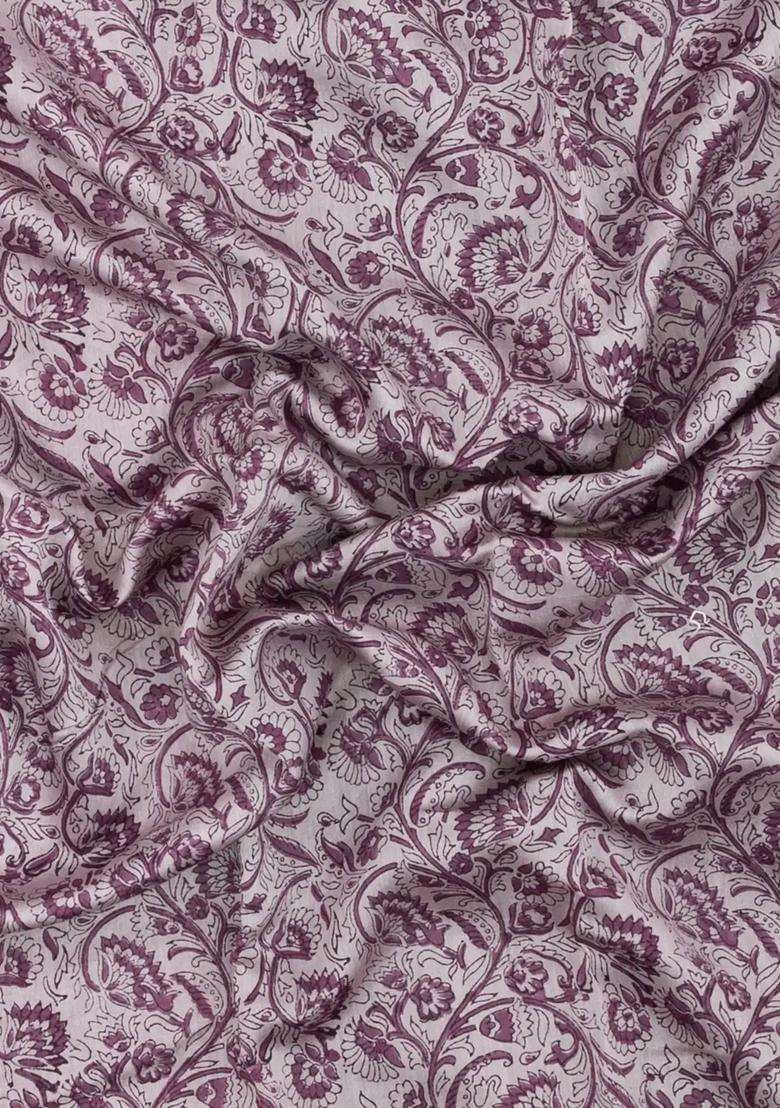 Lilac Printed Chanderi Cotton Saree With Floral Motifs Zari Border For Women - Indya