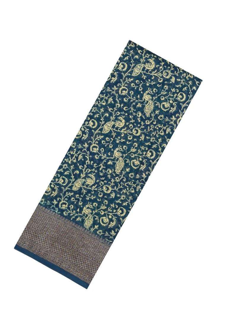 Navy Blue Printed Chanderi Cotton Saree With Bird Motifs Zari Border For Women - Indya
