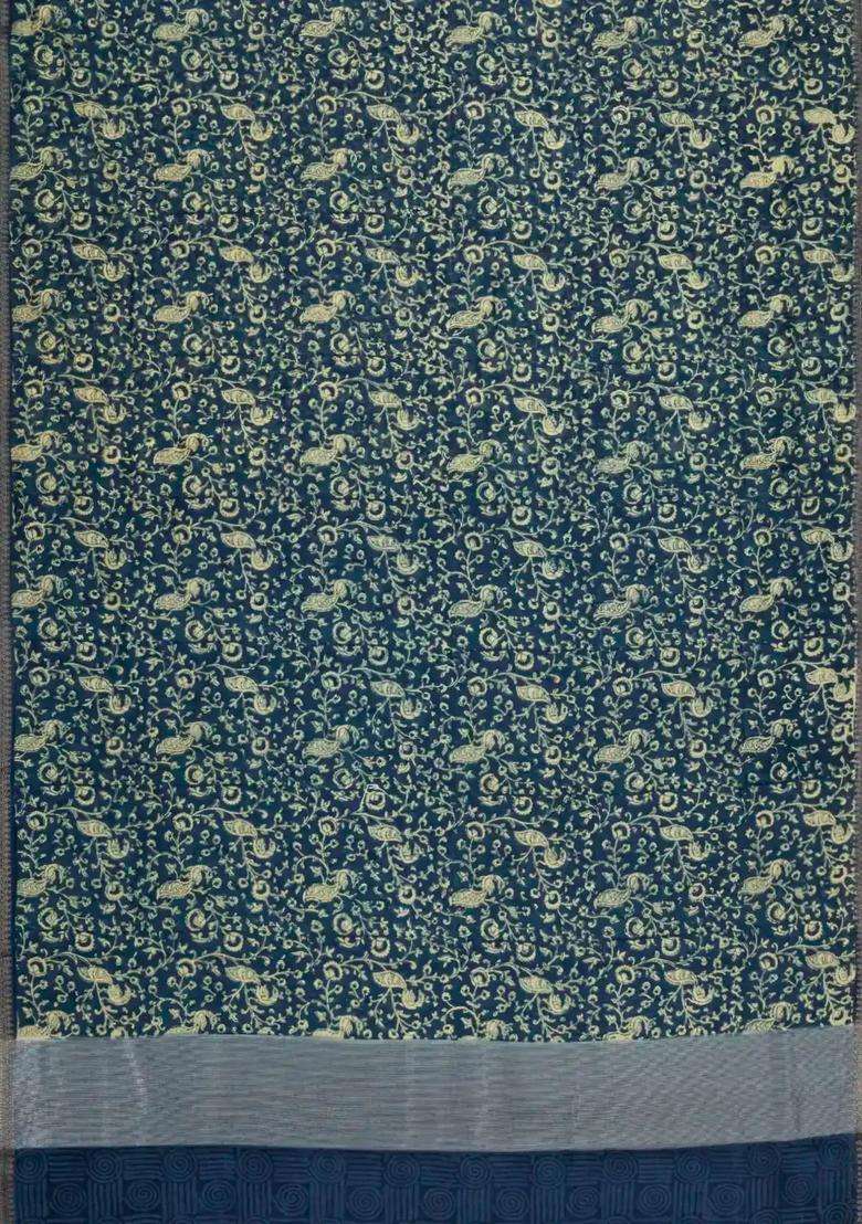 Navy Blue Printed Chanderi Cotton Saree With Bird Motifs Zari Border For Women - Indya