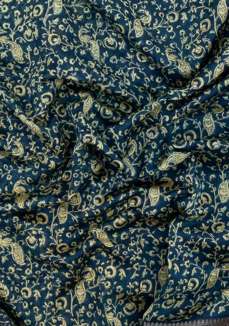 Navy Blue Printed Chanderi Cotton Saree With Bird Motifs Zari Border For Women - Indya