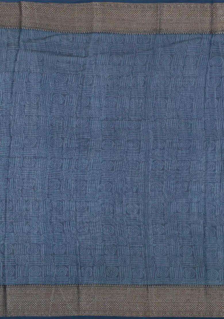 Navy Blue Printed Chanderi Cotton Saree With Bird Motifs Zari Border For Women - Indya