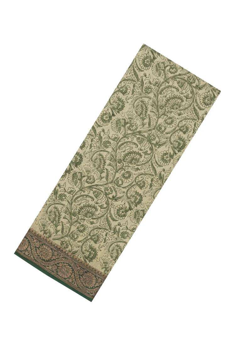 Green Printed Chanderi Cotton Saree With Floral Motifs Zari Border For Women - Indya