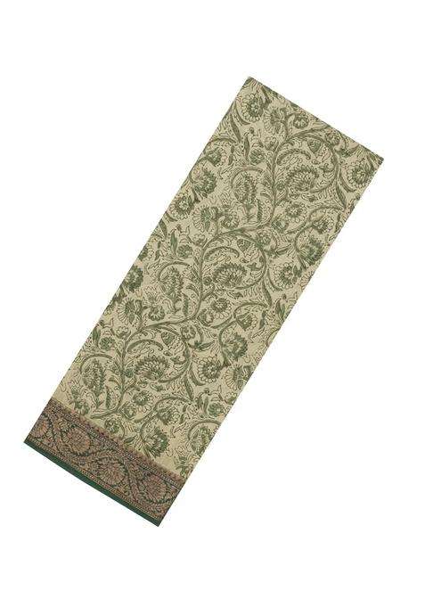 Green Printed Chanderi Cotton Saree With Floral Motifs Zari Border For Women