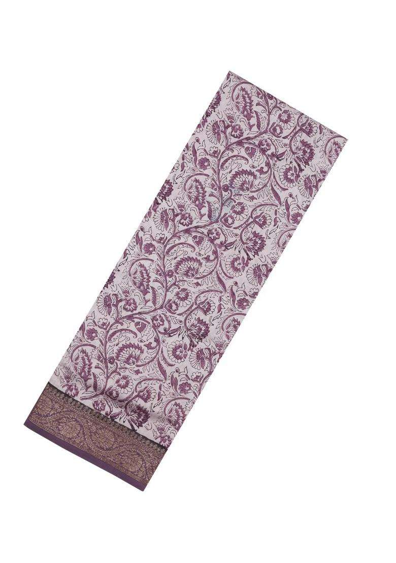 Lilac Printed Chanderi Cotton Saree With Bird Motifs Zari Border For Women - Indya