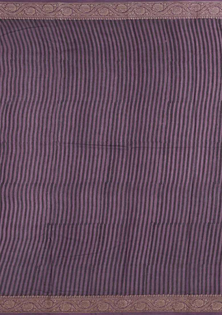 Lilac Printed Chanderi Cotton Saree With Bird Motifs Zari Border For Women - Indya