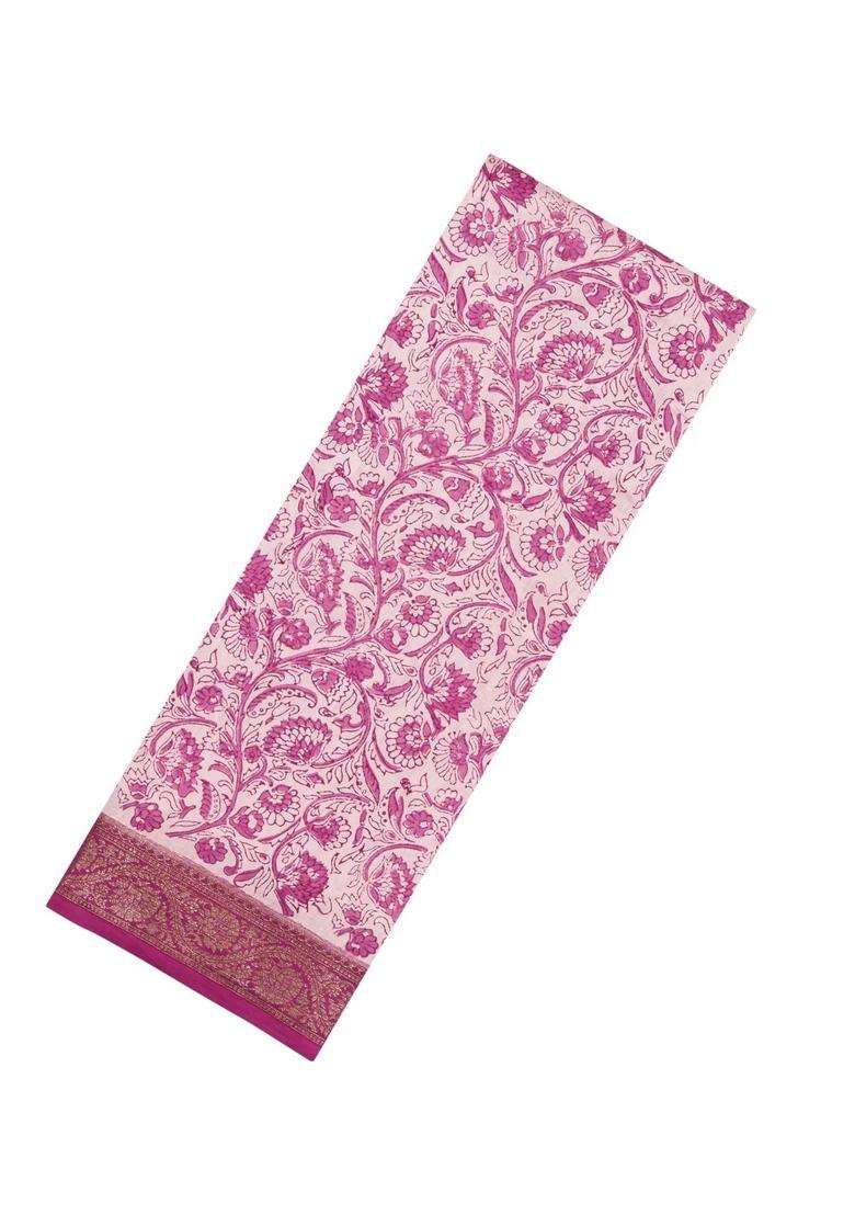 Magenta Printed Chanderi Cotton Saree With Floral Motifs Zari Border For Women - Indya