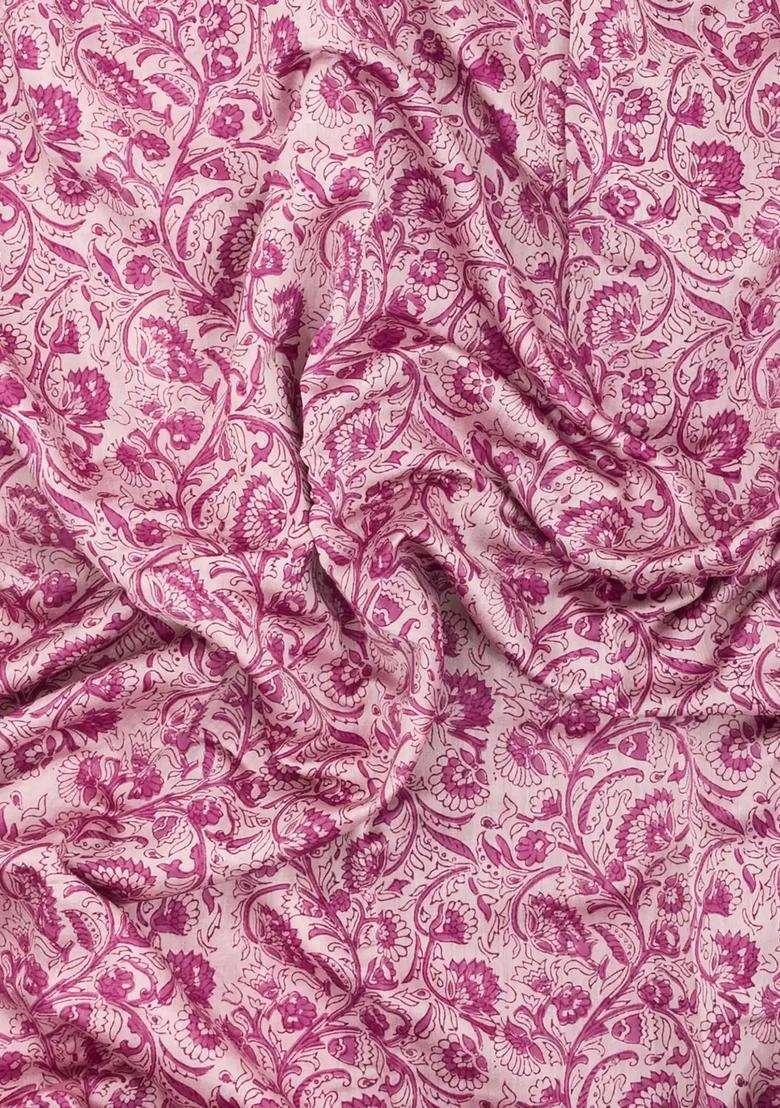 Magenta Printed Chanderi Cotton Saree With Floral Motifs Zari Border For Women - Indya