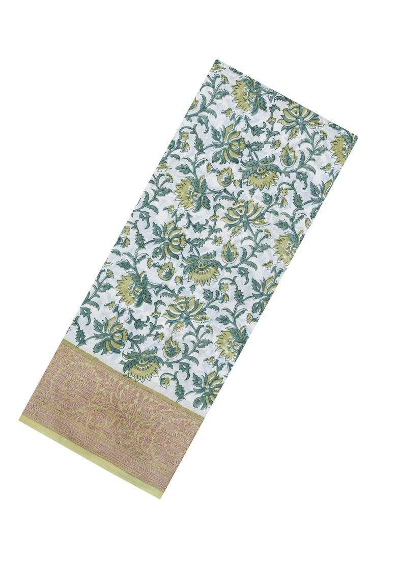 Light Green Printed Chanderi Cotton Saree With Floral Motifs Zari Border For Women - Indya