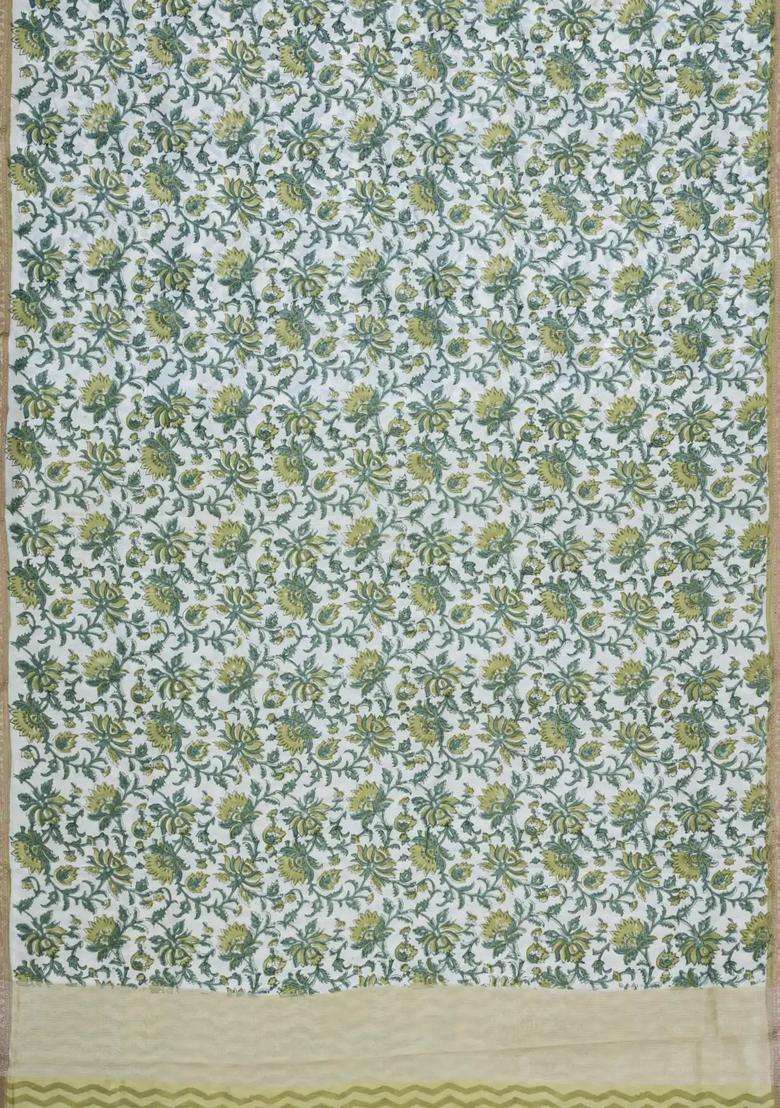 Light Green Printed Chanderi Cotton Saree With Floral Motifs Zari Border For Women - Indya