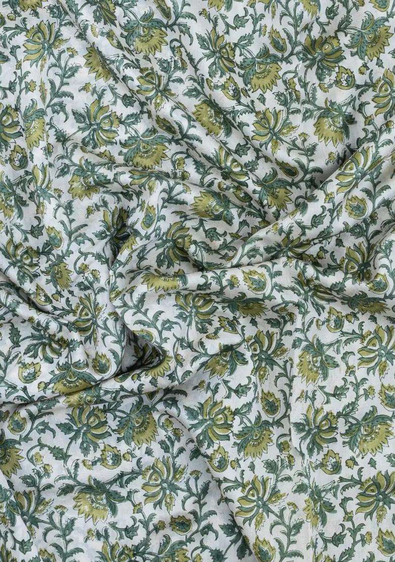 Light Green Printed Chanderi Cotton Saree With Floral Motifs Zari Border For Women - Indya