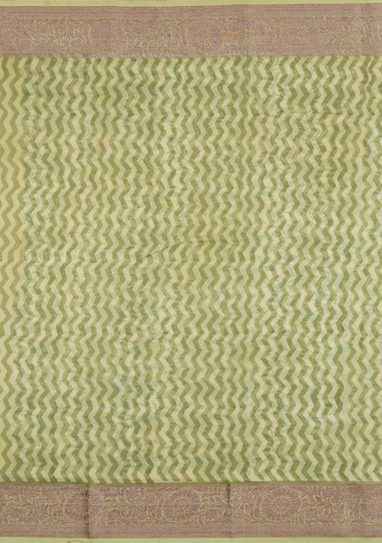 Light Green Printed Chanderi Cotton Saree With Floral Motifs Zari Border For Women - Indya