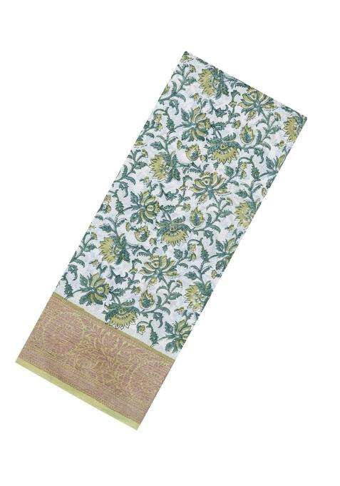 Light Green Printed Chanderi Cotton Saree With Floral Motifs Zari Border For Women