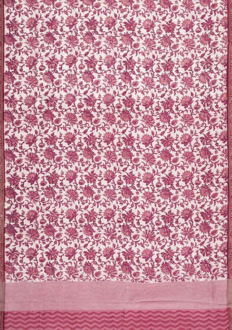 Dusty Pink Printed Chanderi Cotton Saree With Floral Motifs Zari Border For Women - Indya