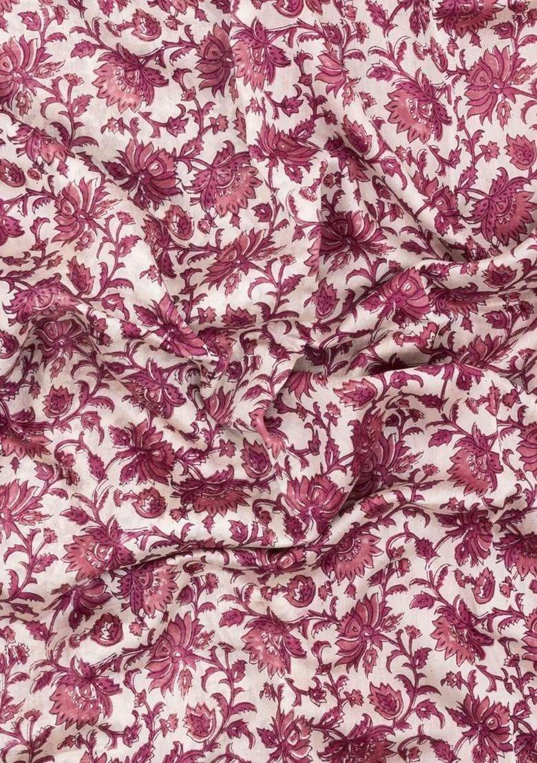 Dusty Pink Printed Chanderi Cotton Saree With Floral Motifs Zari Border For Women - Indya