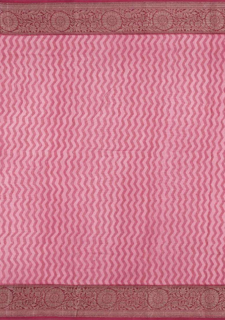 Dusty Pink Printed Chanderi Cotton Saree With Floral Motifs Zari Border For Women - Indya