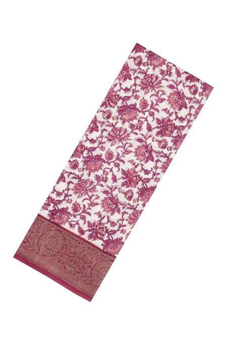 Dusty Pink Printed Chanderi Cotton Saree With Floral Motifs Zari Border For Women