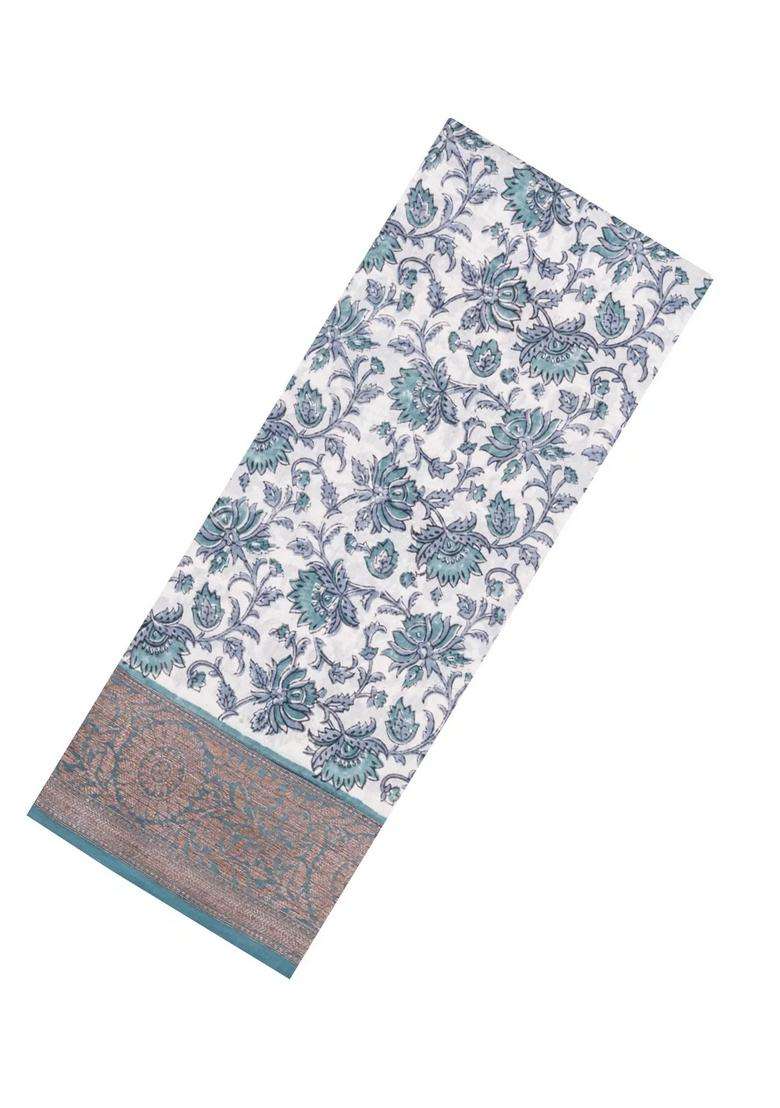 Grey Printed Chanderi Cotton Saree With Floral Motifs Zari Border For Women - Indya