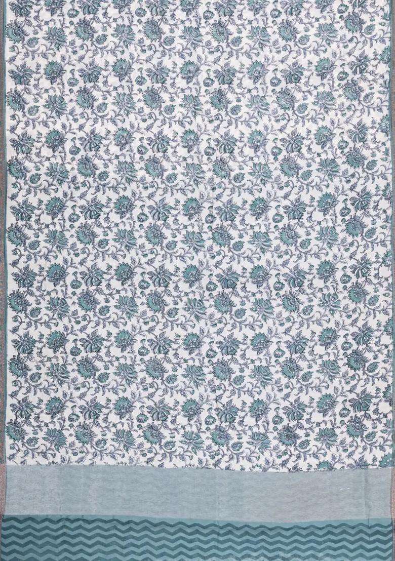 Grey Printed Chanderi Cotton Saree With Floral Motifs Zari Border For Women - Indya
