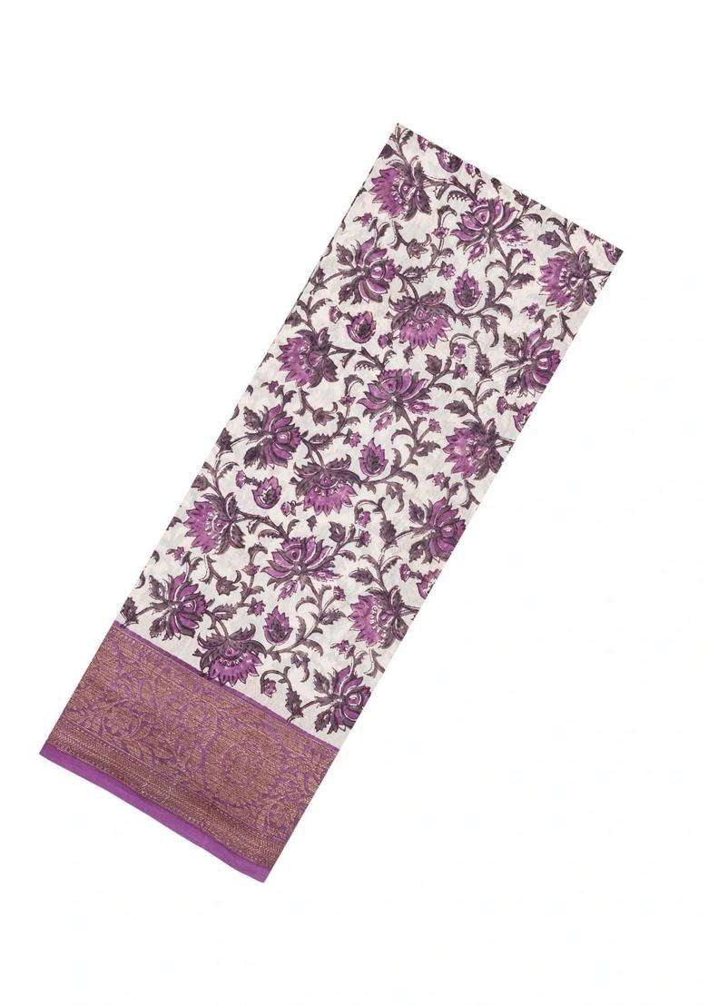 Mauve Printed Chanderi Cotton Saree With Floral Motifs Zari Border For Women - Indya