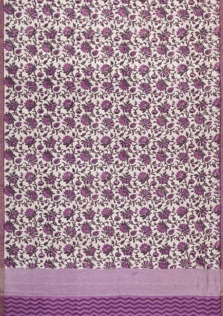 Mauve Printed Chanderi Cotton Saree With Floral Motifs Zari Border For Women - Indya