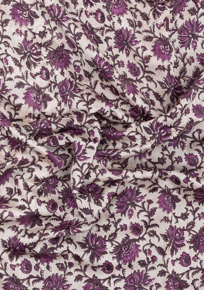 Mauve Printed Chanderi Cotton Saree With Floral Motifs Zari Border For Women - Indya