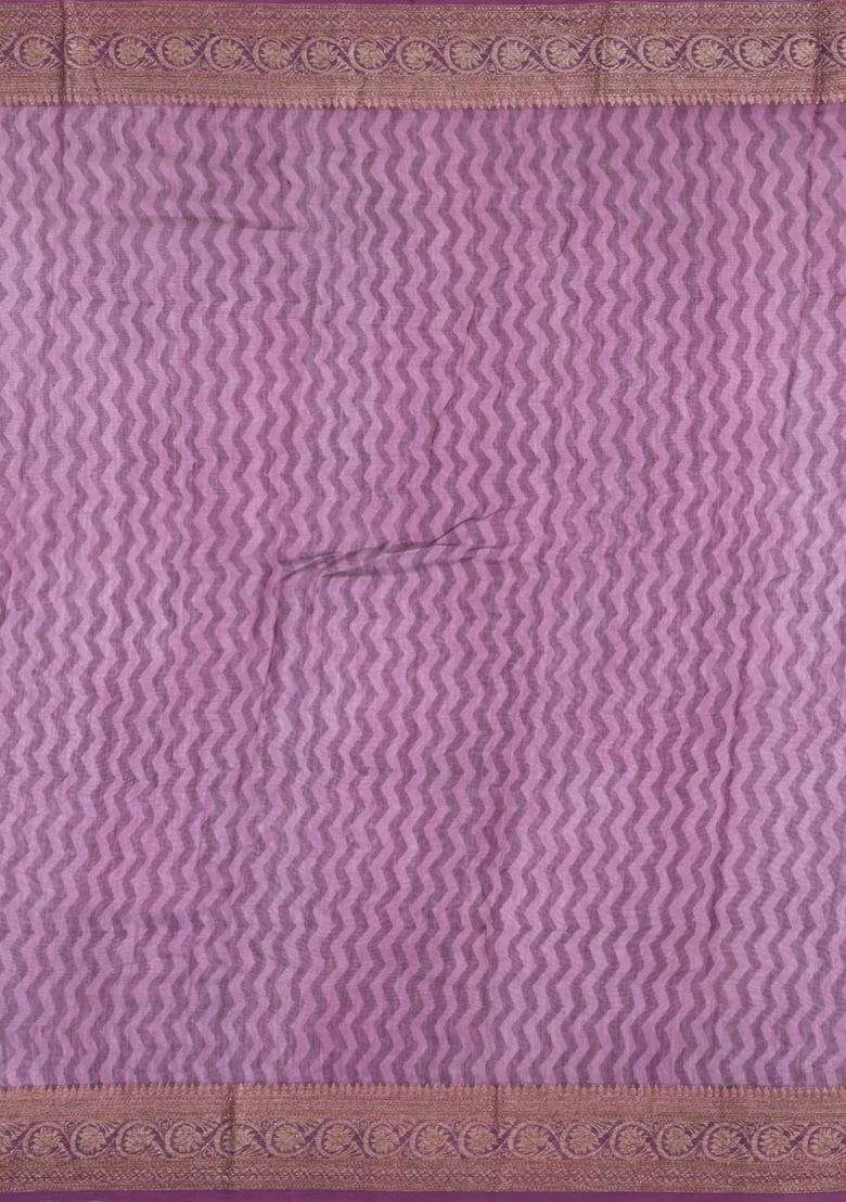 Mauve Printed Chanderi Cotton Saree With Floral Motifs Zari Border For Women - Indya