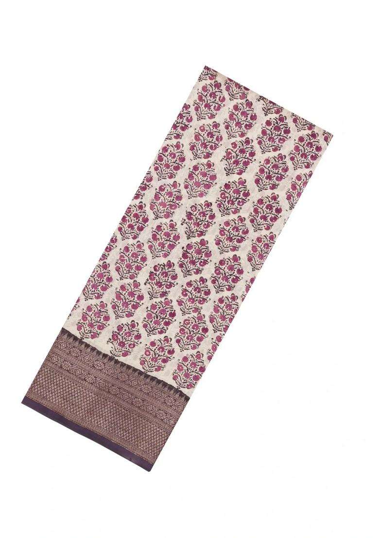 Cream Printed Chanderi Cotton Saree With Contrast Lilac Zari Border For Women - Indya