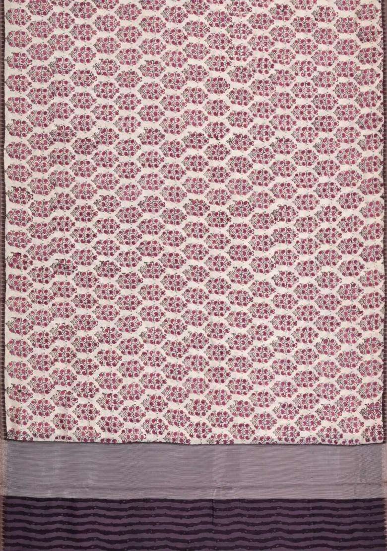 Cream Printed Chanderi Cotton Saree With Contrast Lilac Zari Border For Women - Indya