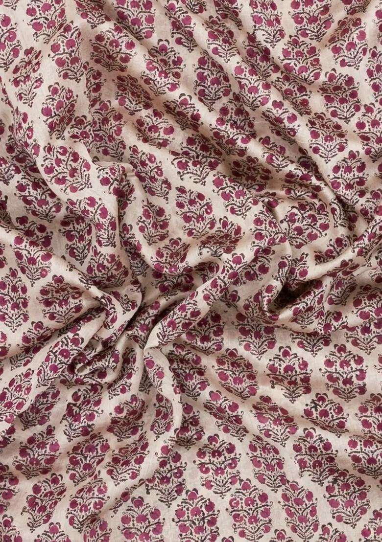 Cream Printed Chanderi Cotton Saree With Contrast Lilac Zari Border For Women - Indya