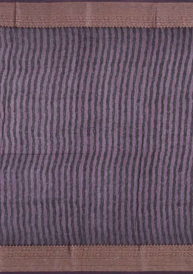 Cream Printed Chanderi Cotton Saree With Contrast Lilac Zari Border For Women - Indya