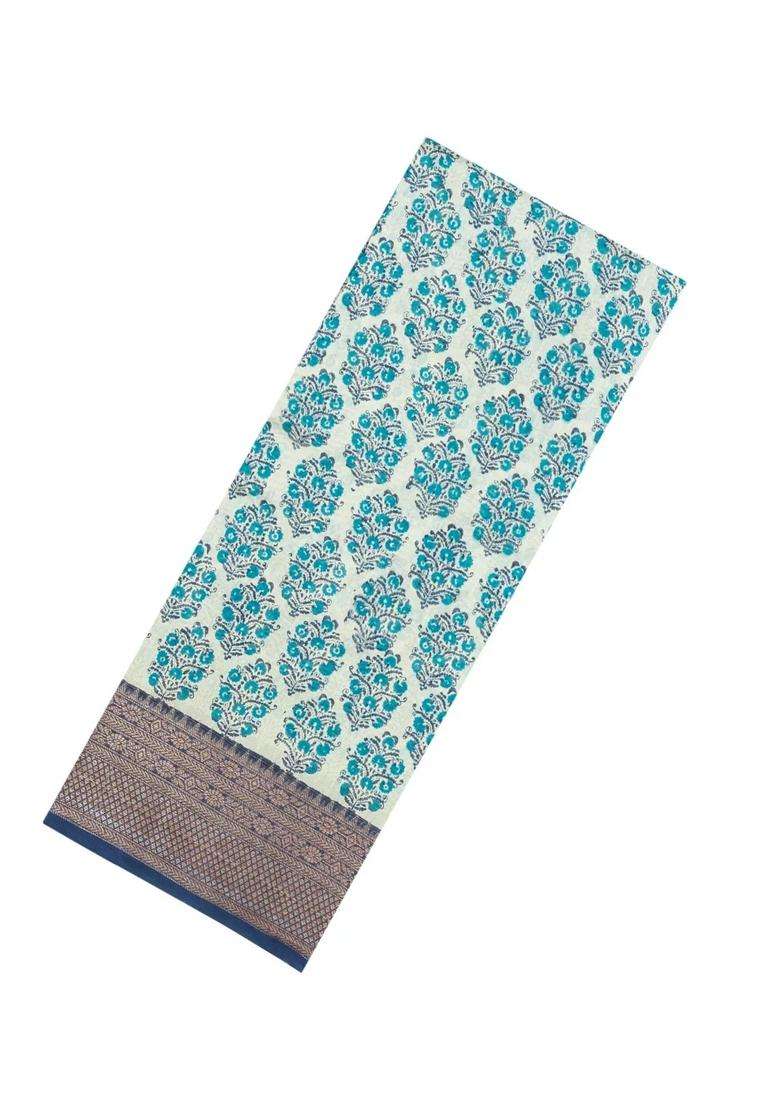 Cream Printed Chanderi Cotton Saree With Contrast Navy Zari Border For Women - Indya